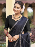 Stylee Lifestyle Mid Night Blue Shimmer Chiffon Embellished Saree - Distacart