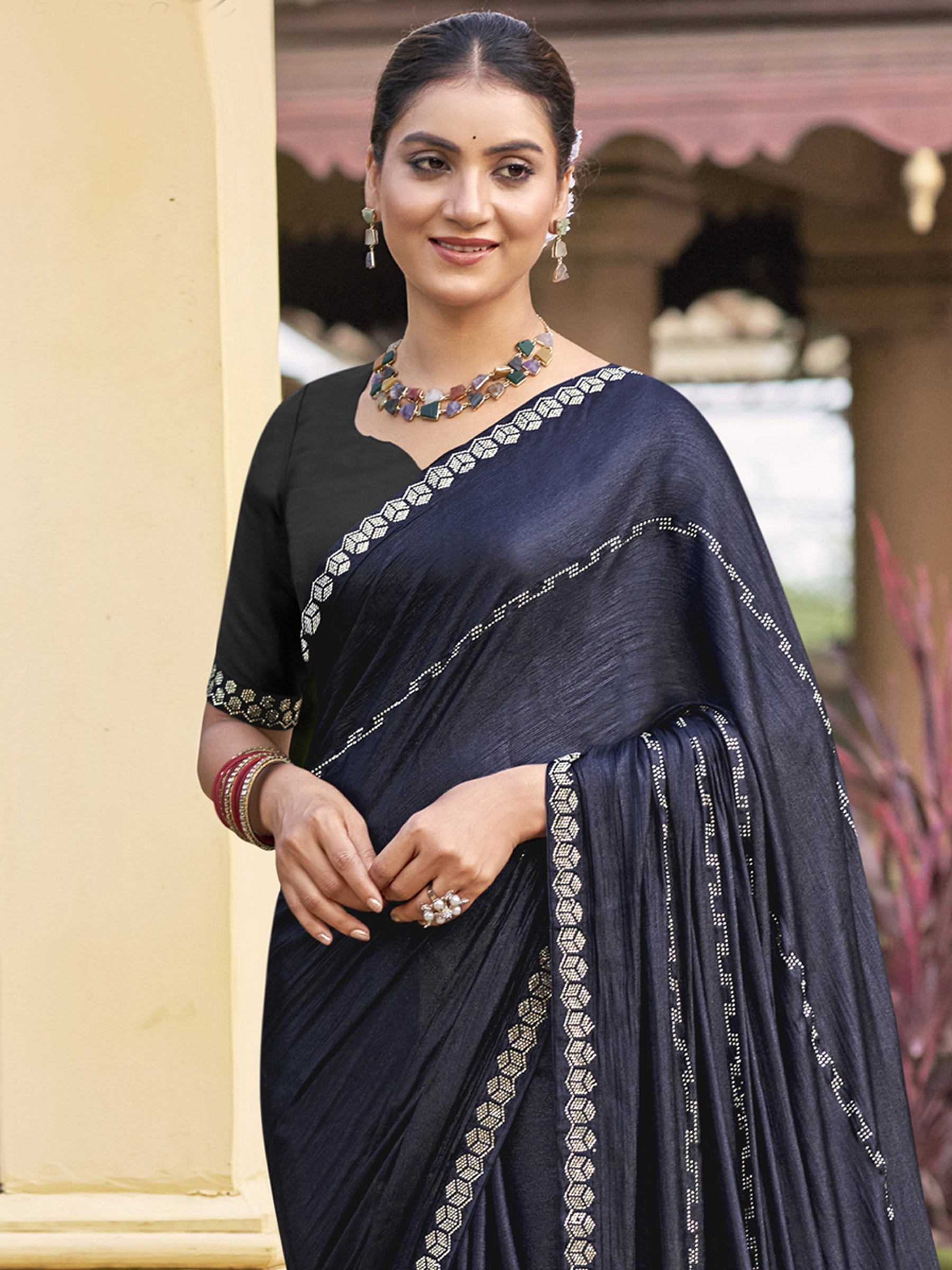 Stylee Lifestyle Mid Night Blue Shimmer Chiffon Embellished Saree - Distacart