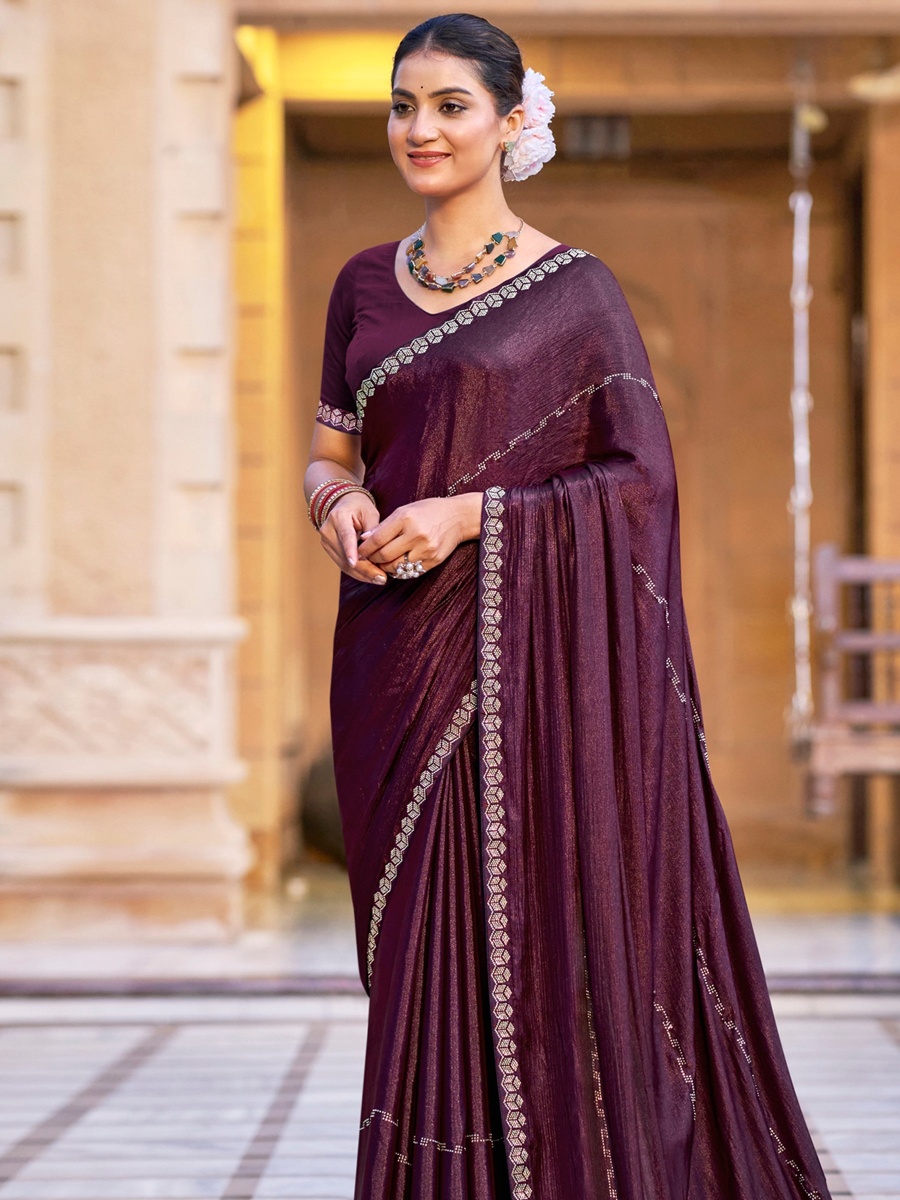 Stylee Lifestyle Wine Shimmer Chiffon Embellished Saree - Distacart