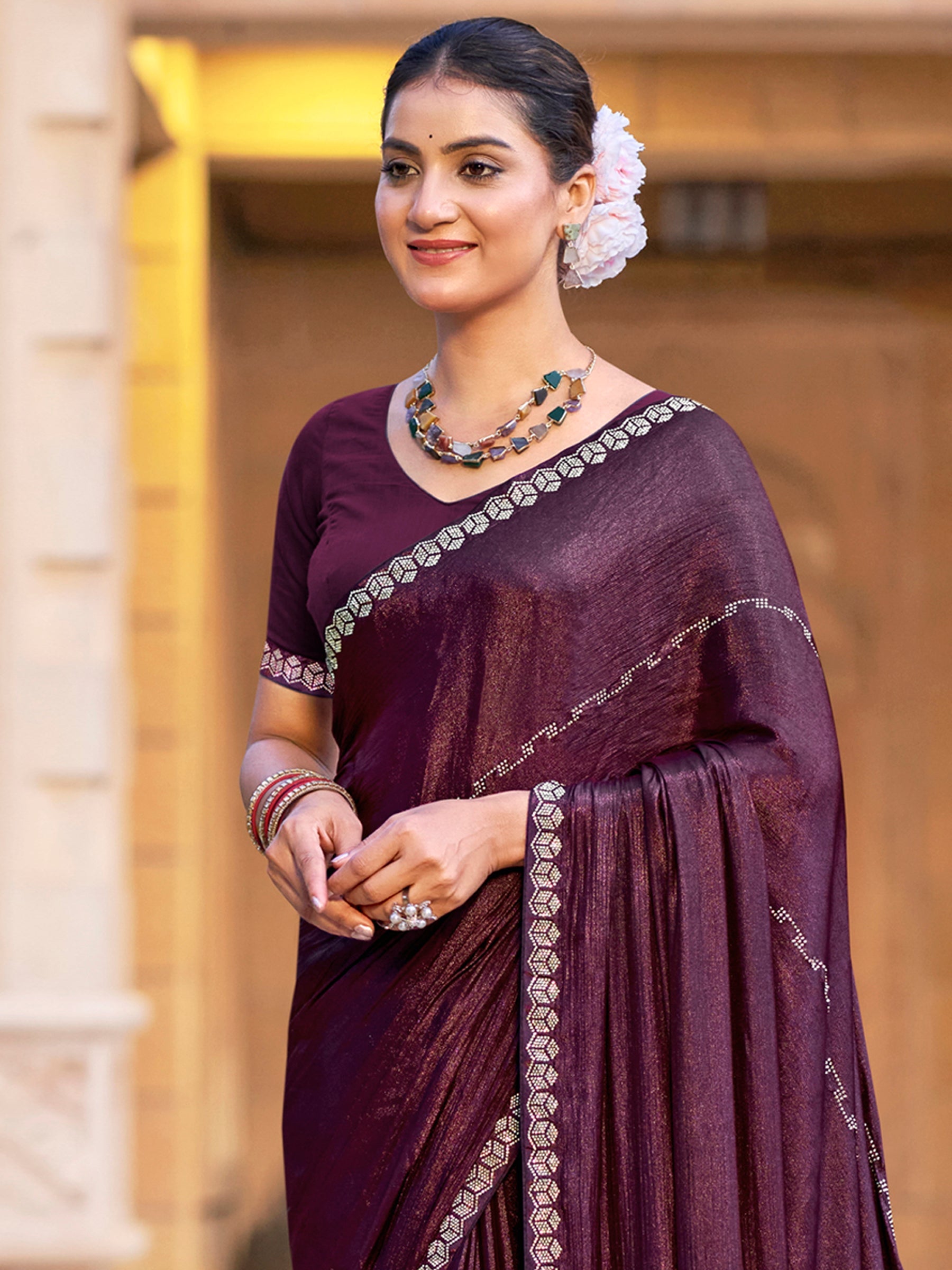 Stylee Lifestyle Wine Shimmer Chiffon Embellished Saree - Distacart