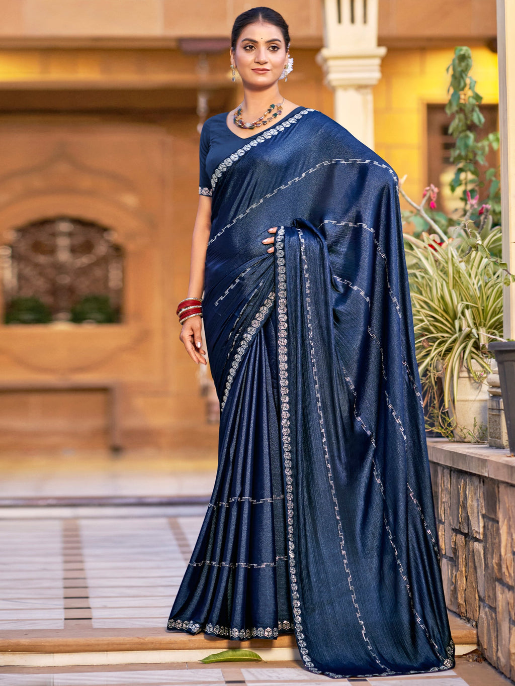Stylee Lifestyle Navy Blue Shimmer Chiffon Embellished Saree - Distacart