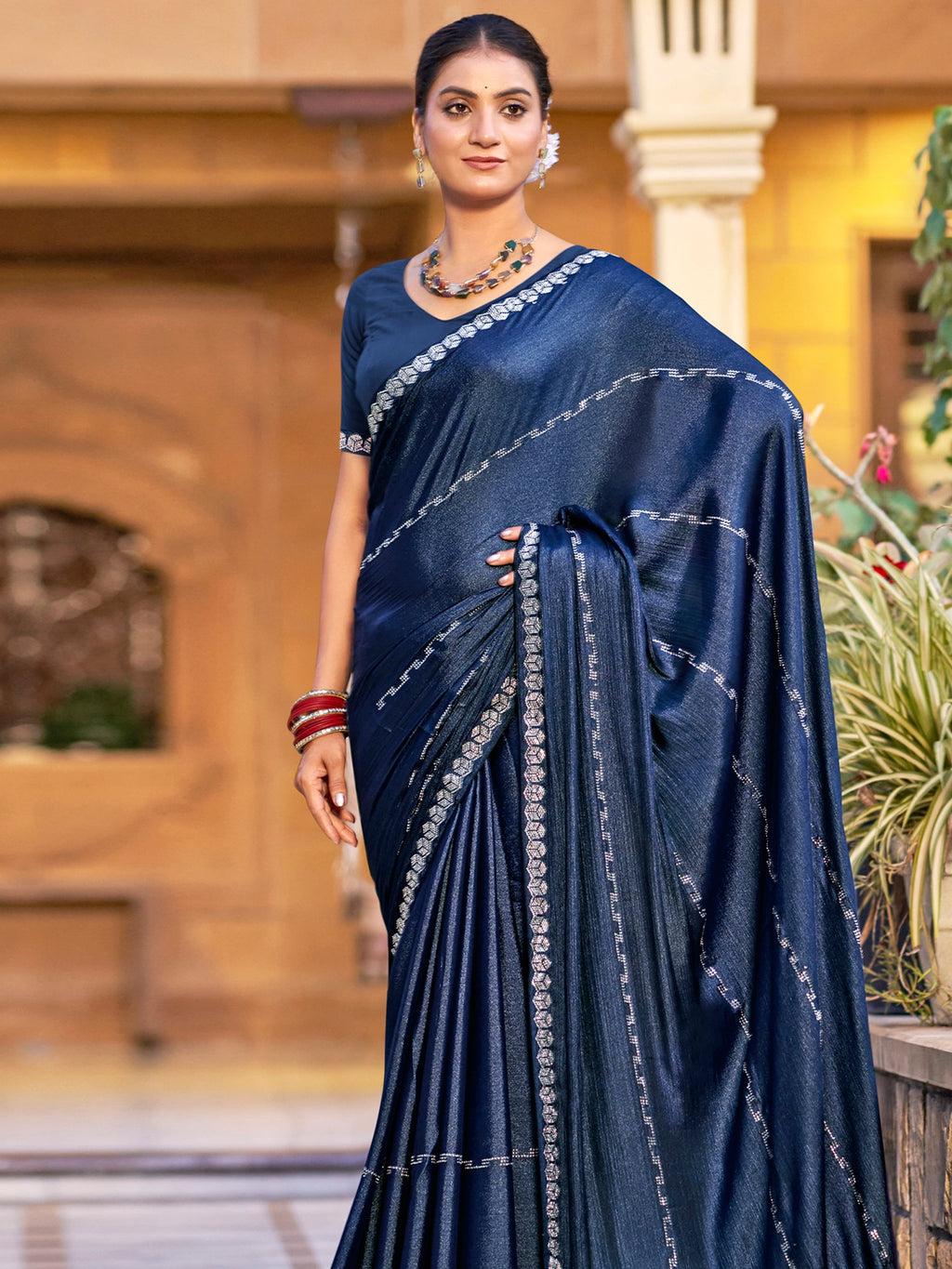 Stylee Lifestyle Navy Blue Shimmer Chiffon Embellished Saree - Distacart