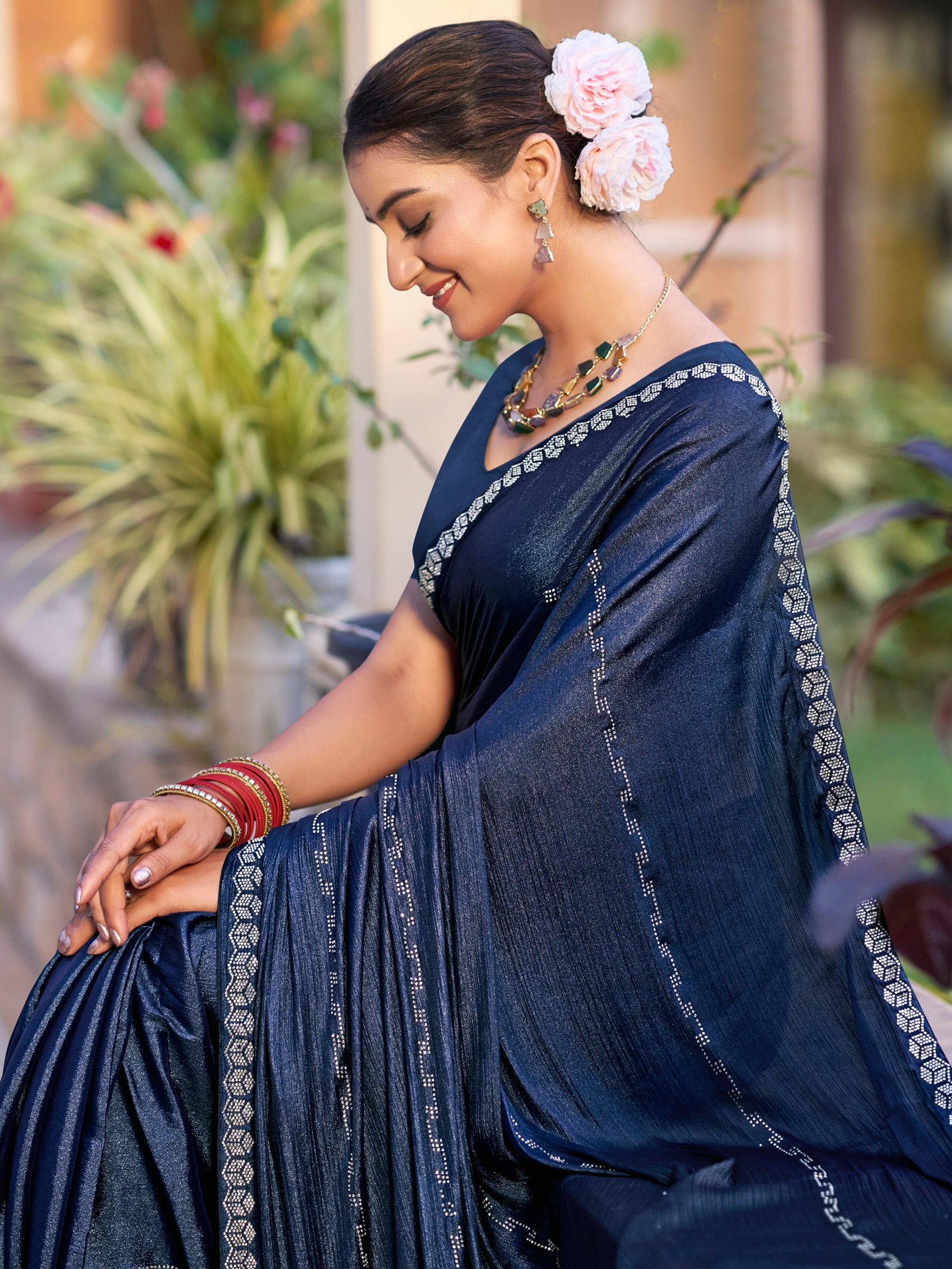 Stylee Lifestyle Navy Blue Shimmer Chiffon Embellished Saree - Distacart