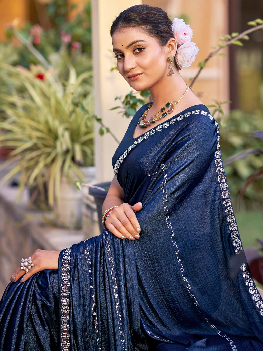 Stylee Lifestyle Navy Blue Shimmer Chiffon Embellished Saree - Distacart