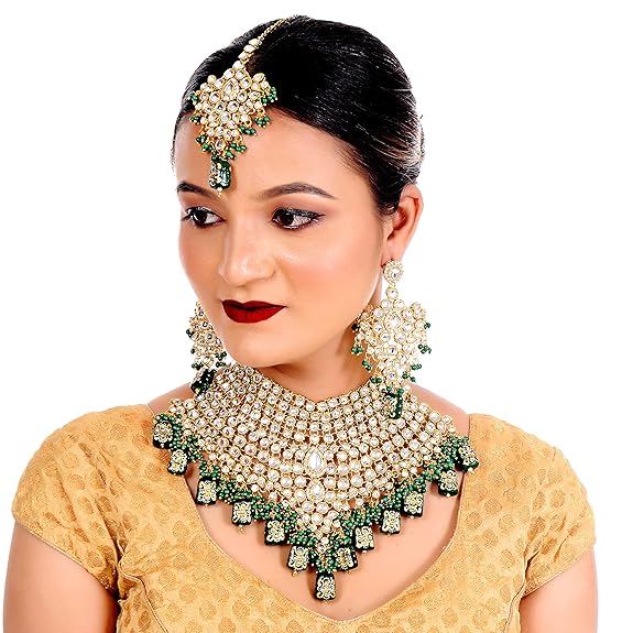Tehzeeb Creations Traditional Gold-Polished Designer Blue Color Dulhan Choker Kundan Bridal Set