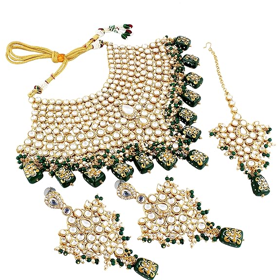 Tehzeeb Creations Traditional Gold-Polished Designer Blue Color Dulhan Choker Kundan Bridal Set