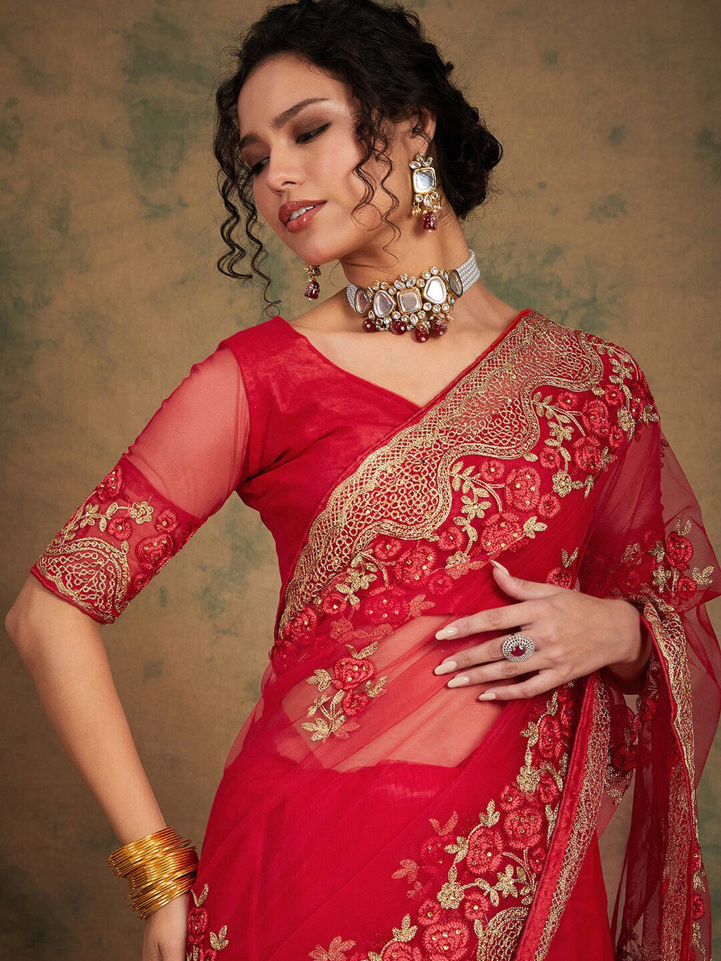 Sangria Ethnic Motifs Embroidered Net Saree - Distacart