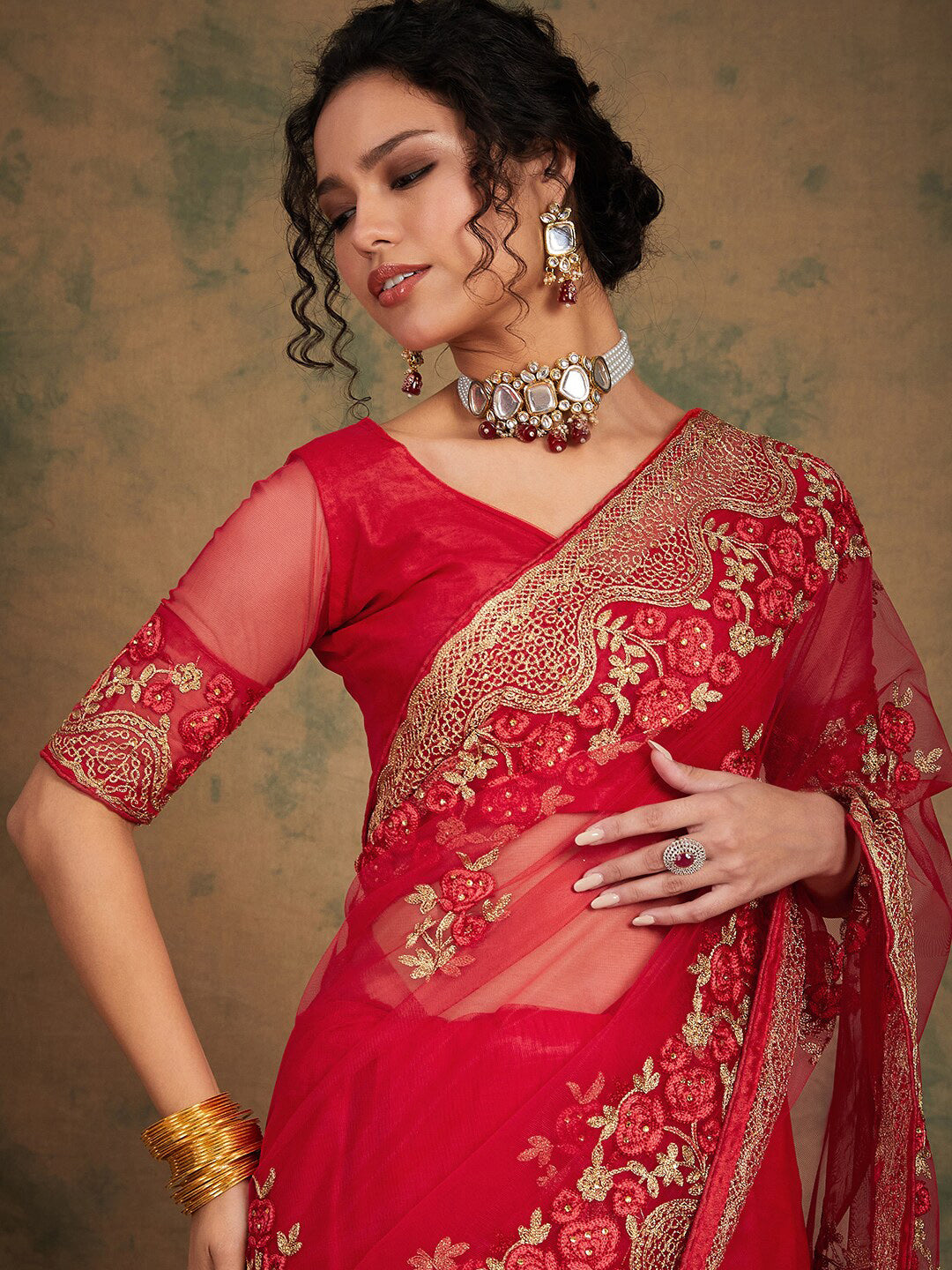 Sangria Ethnic Motifs Embroidered Net Saree - Distacart