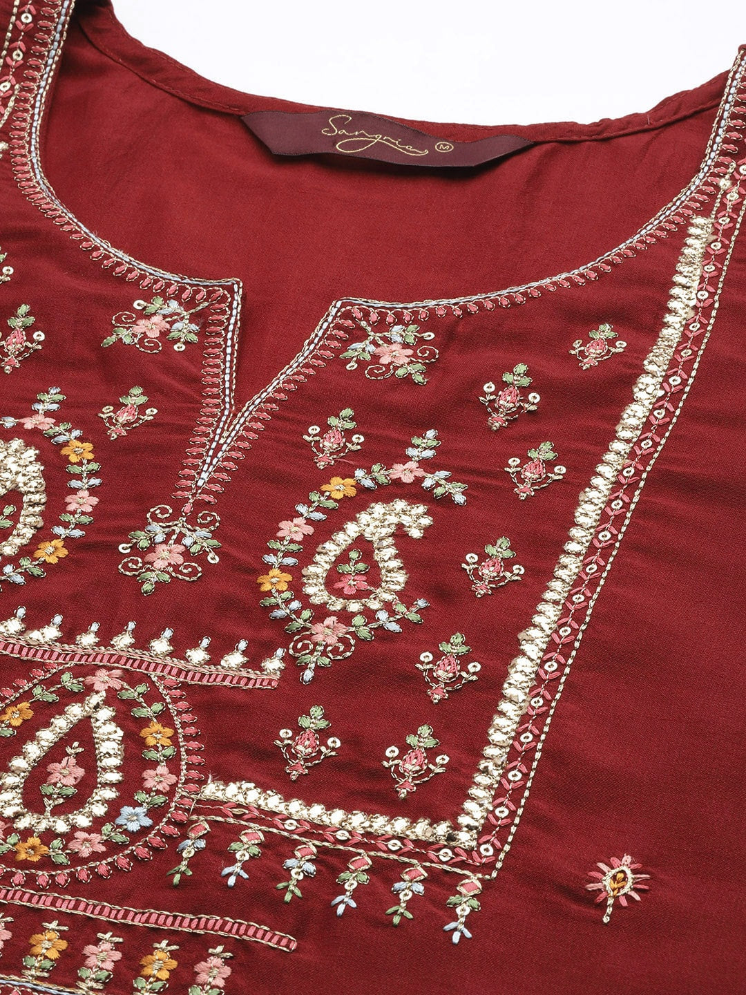 Sangria Women Red Ethnic Motifs Embroidered Pure Cotton Kurta with Trousers & With Dupatta