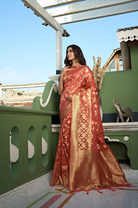 Vardha Tangerine Orange Golden Zari Banarasi Organza Saree