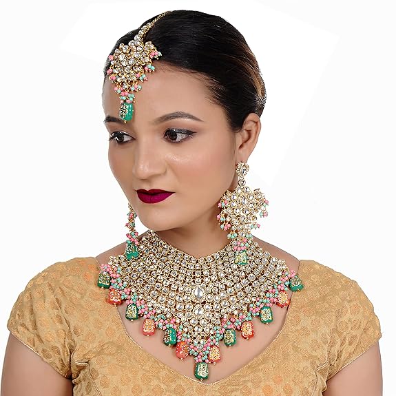 Tehzeeb Creations Traditional Gold-Polished Designer Blue Color Dulhan Choker Kundan Bridal Set