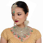 Tehzeeb Creations Traditional Gold-Polished Designer Blue Color Dulhan Choker Kundan Bridal Set