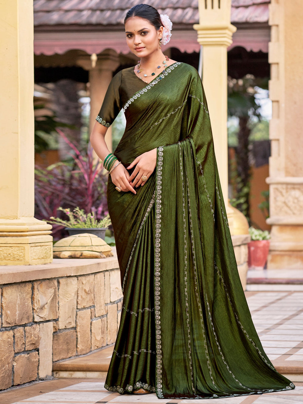 Stylee Lifestyle Olive Shimmer Chiffon Embellished Saree - Distacart