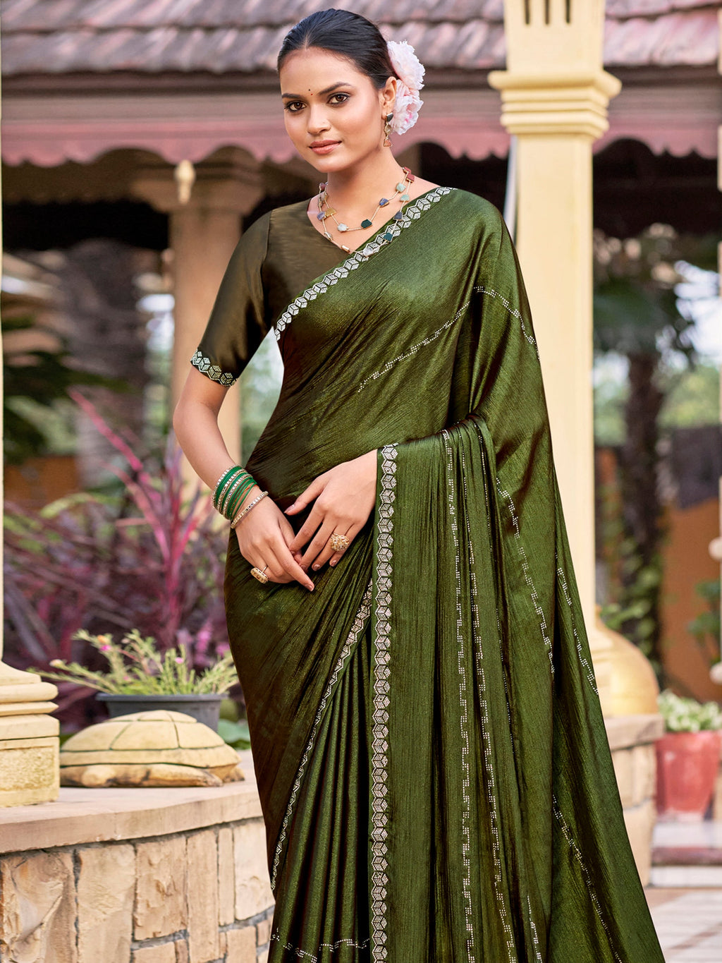 Stylee Lifestyle Olive Shimmer Chiffon Embellished Saree - Distacart