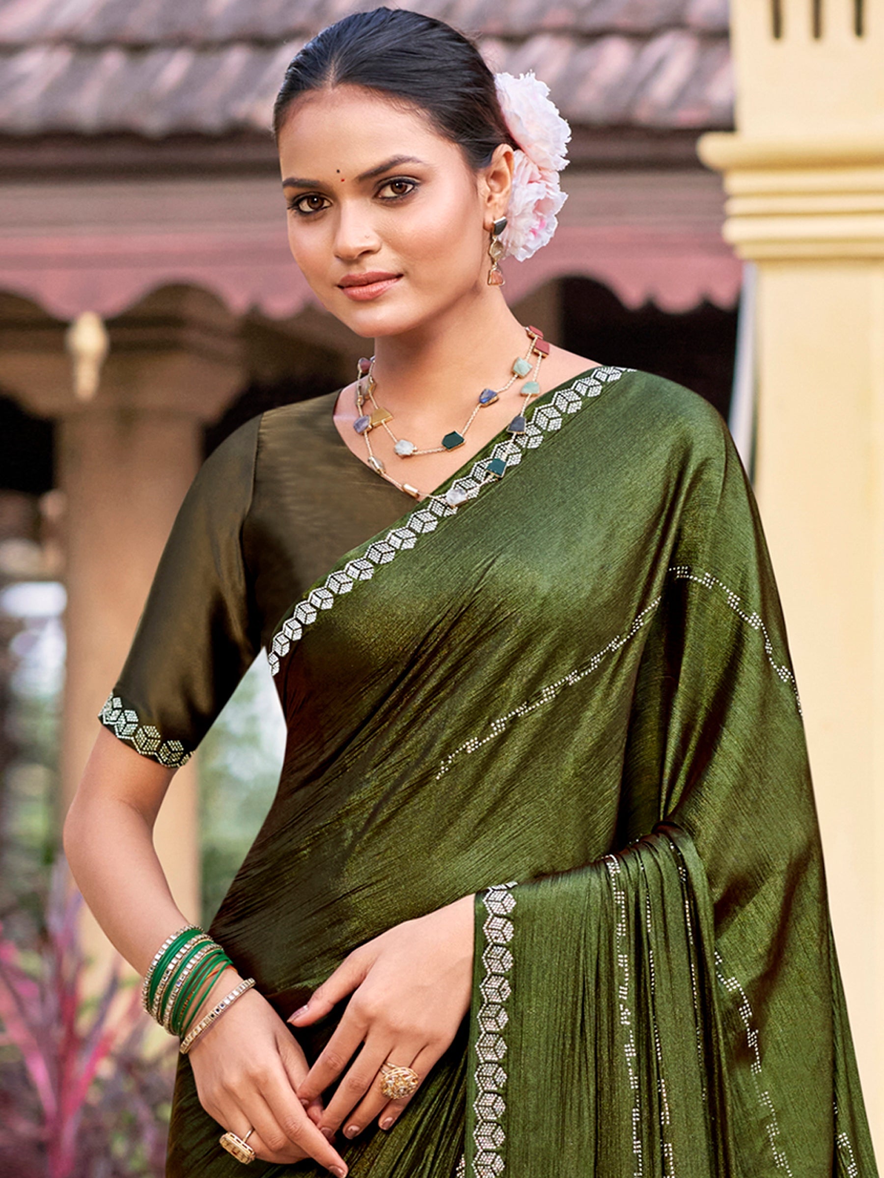 Stylee Lifestyle Olive Shimmer Chiffon Embellished Saree - Distacart