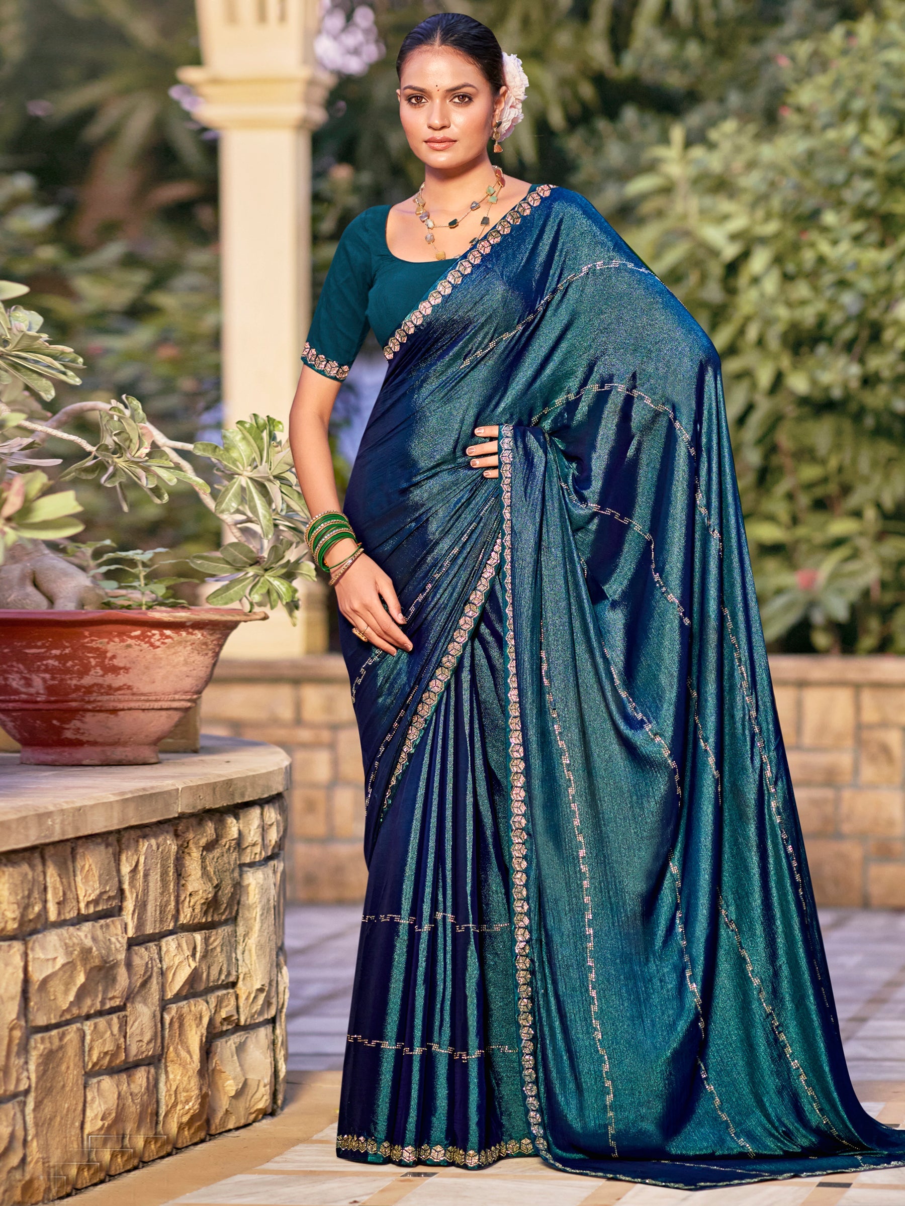 Stylee Lifestyle Teal Shimmer Chiffon Embellished Saree - Distacart