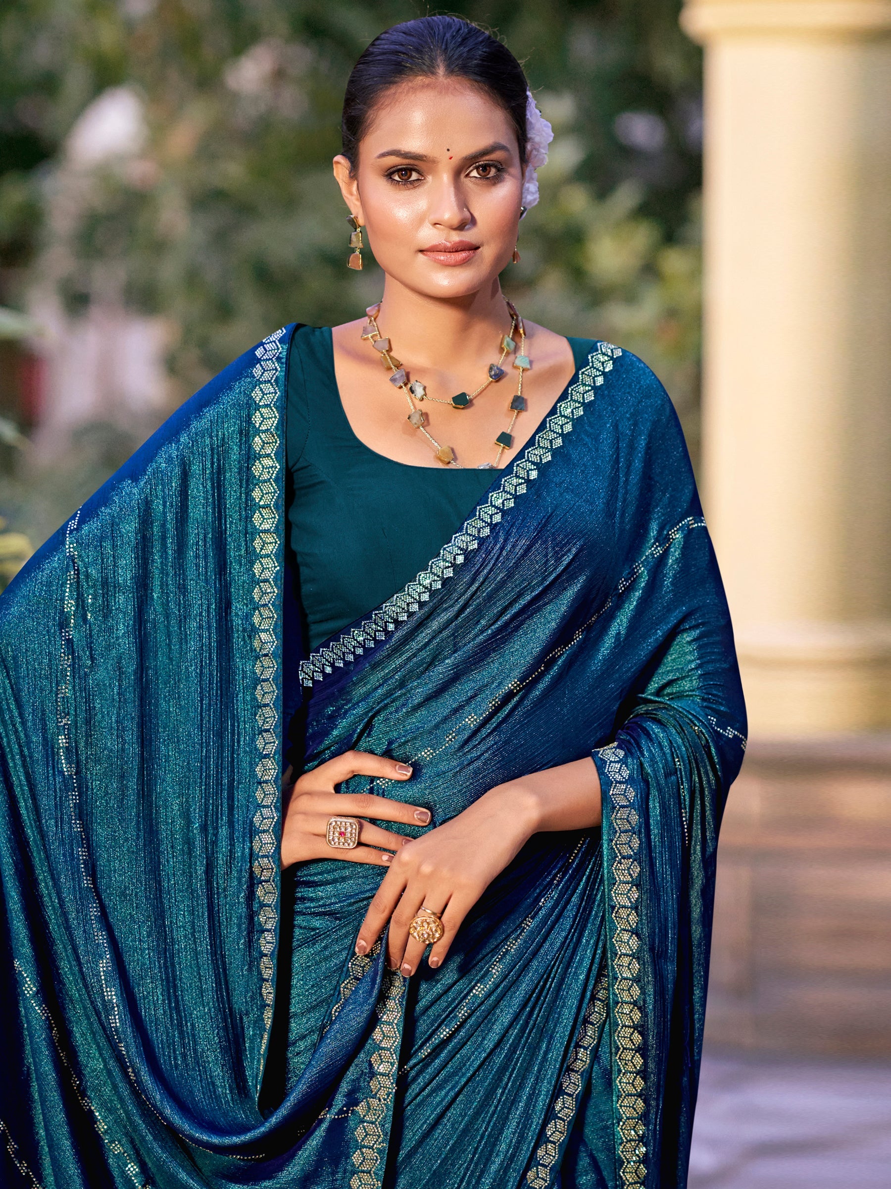 Stylee Lifestyle Teal Shimmer Chiffon Embellished Saree - Distacart