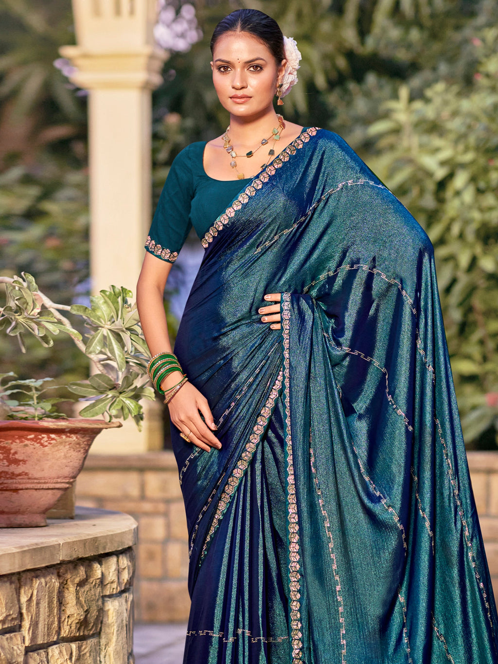 Stylee Lifestyle Teal Shimmer Chiffon Embellished Saree - Distacart