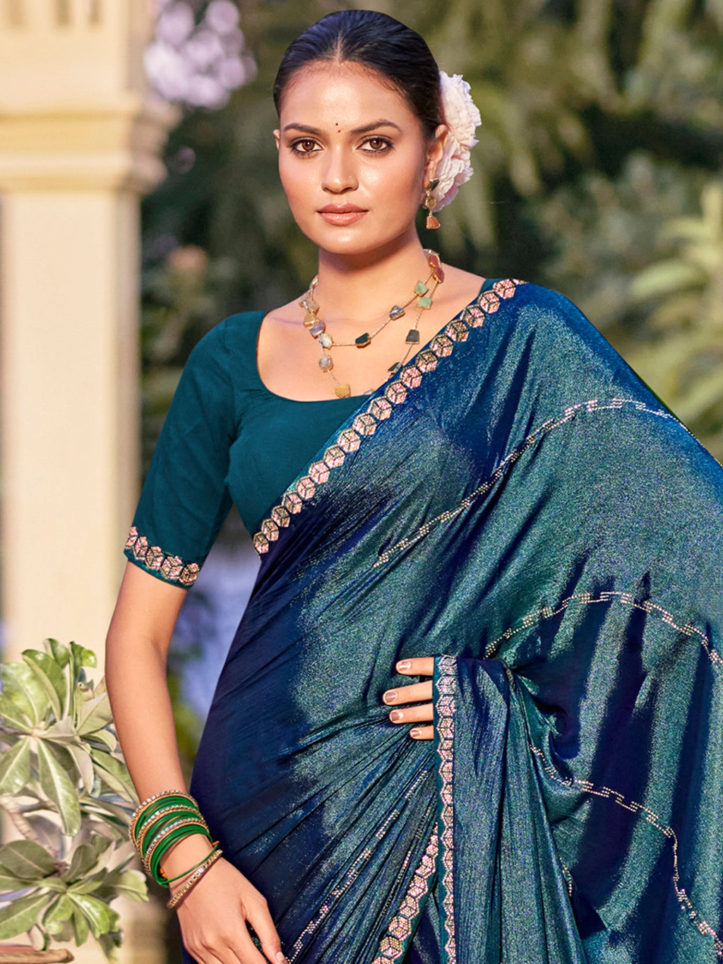 Stylee Lifestyle Teal Shimmer Chiffon Embellished Saree - Distacart