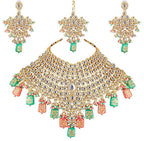 Tehzeeb Creations Traditional Gold-Polished Designer Blue Color Dulhan Choker Kundan Bridal Set