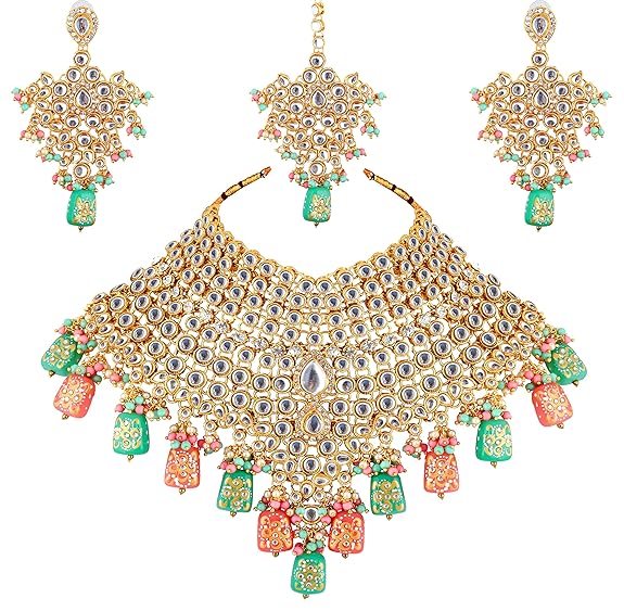 Tehzeeb Creations Traditional Gold-Polished Designer Blue Color Dulhan Choker Kundan Bridal Set