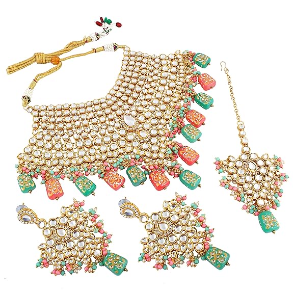 Tehzeeb Creations Traditional Gold-Polished Designer Blue Color Dulhan Choker Kundan Bridal Set