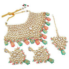 Tehzeeb Creations Traditional Gold-Polished Designer Blue Color Dulhan Choker Kundan Bridal Set