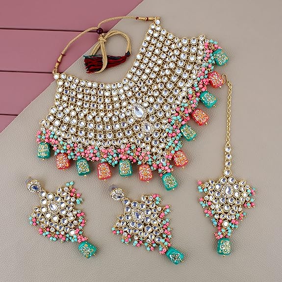 Tehzeeb Creations Traditional Gold-Polished Designer Blue Color Dulhan Choker Kundan Bridal Set