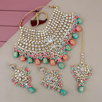 Tehzeeb Creations Traditional Gold-Polished Designer Blue Color Dulhan Choker Kundan Bridal Set