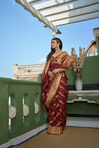 Vardha Ruby Red Golden Zari Banarasi Organza Saree