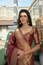 Vardha Ruby Red Golden Zari Banarasi Organza Saree