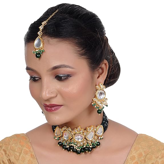 Tehzeeb Creations Back Meenakari Gold-Polished Tika Earring Jewellery Set Uncut Kundan Big Faux Kundan Dibbi Kundan Choker Necklace Set