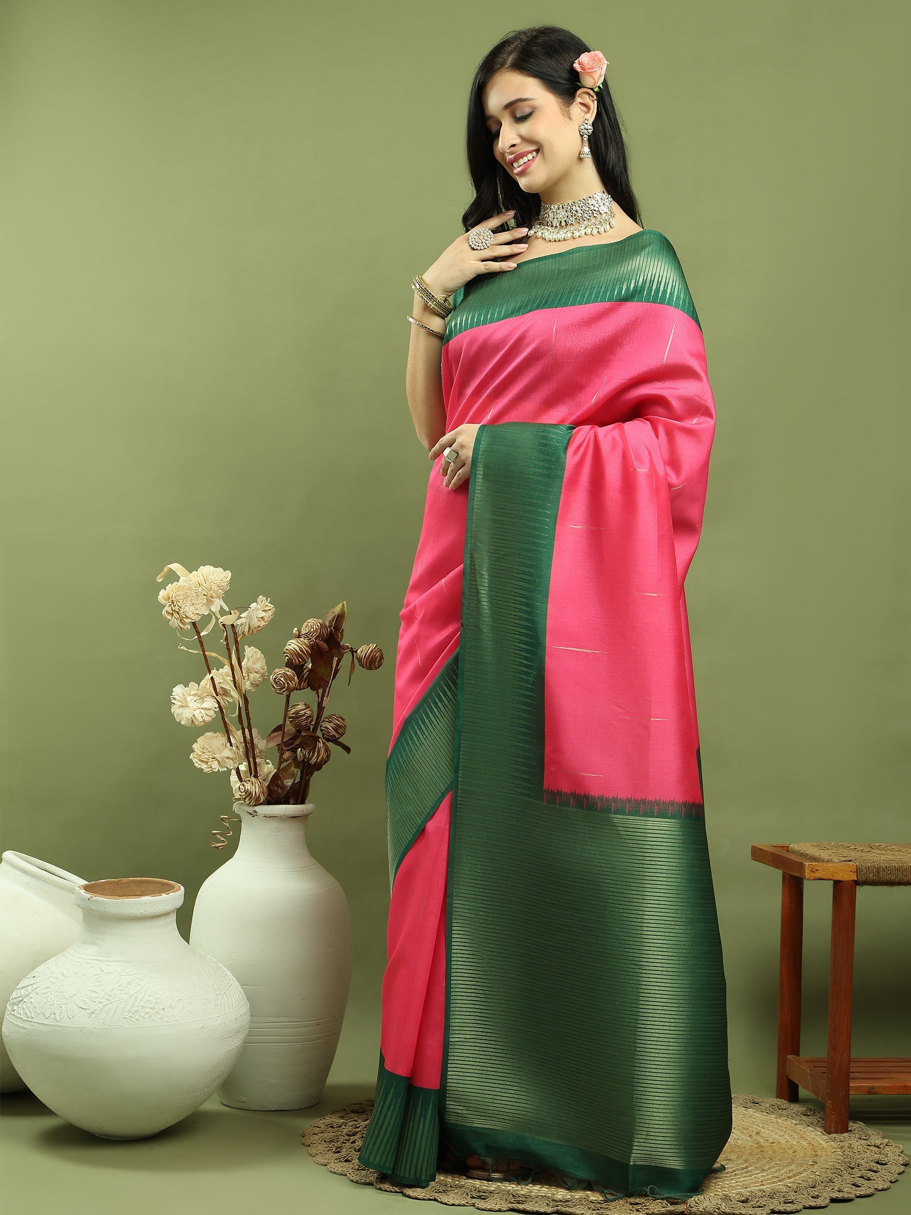 Stylee Lifestyle Pink Silk Blend Zari Saree - Distacart