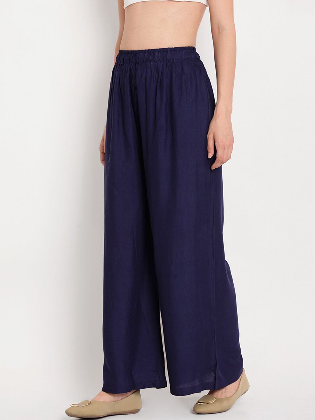 TAG 7 Women Navy Blue Solid Flared Palazzos
