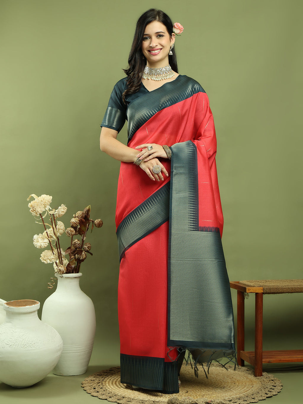 Stylee Lifestyle Red Silk Blend Zari Saree - Distacart