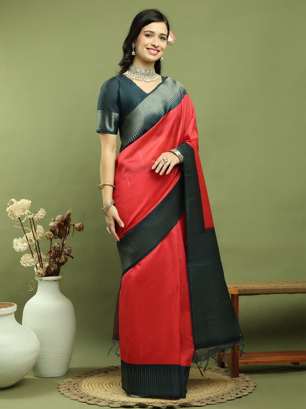 Stylee Lifestyle Red Silk Blend Zari Saree - Distacart