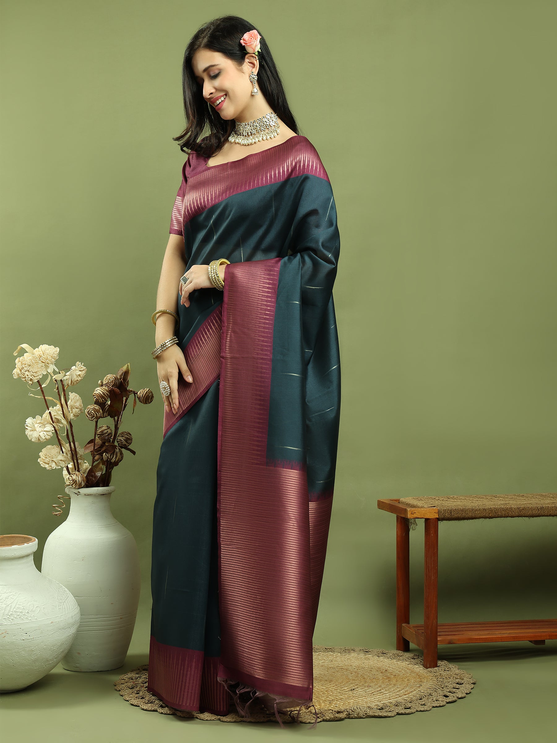 Stylee Lifestyle Teal Silk Blend Zari Saree - Distacart