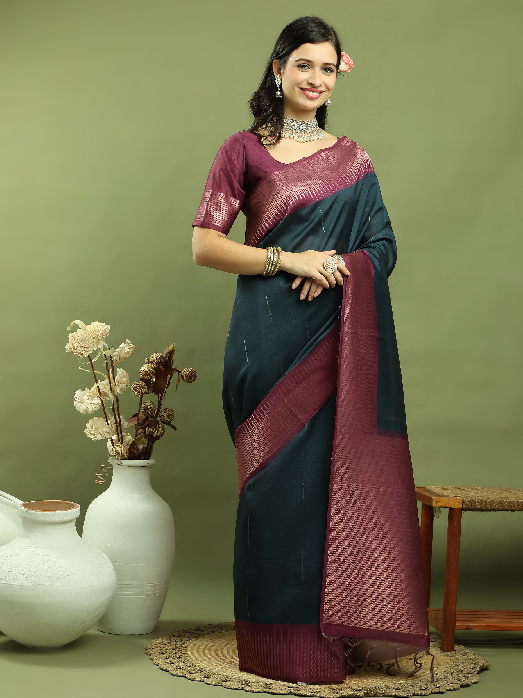 Stylee Lifestyle Teal Silk Blend Zari Saree - Distacart