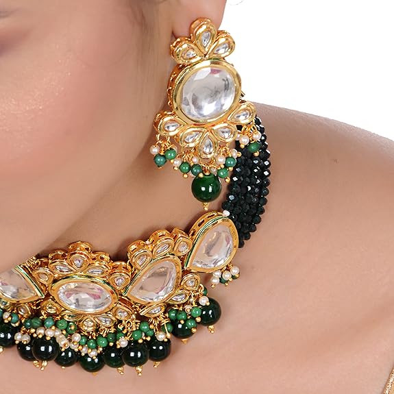 Tehzeeb Creations Back Meenakari Gold-Polished Tika Earring Jewellery Set Uncut Kundan Big Faux Kundan Dibbi Kundan Choker Necklace Set