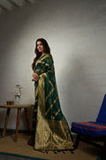 Vardha Emerald Green Golden Zari Banarasi Organza Saree