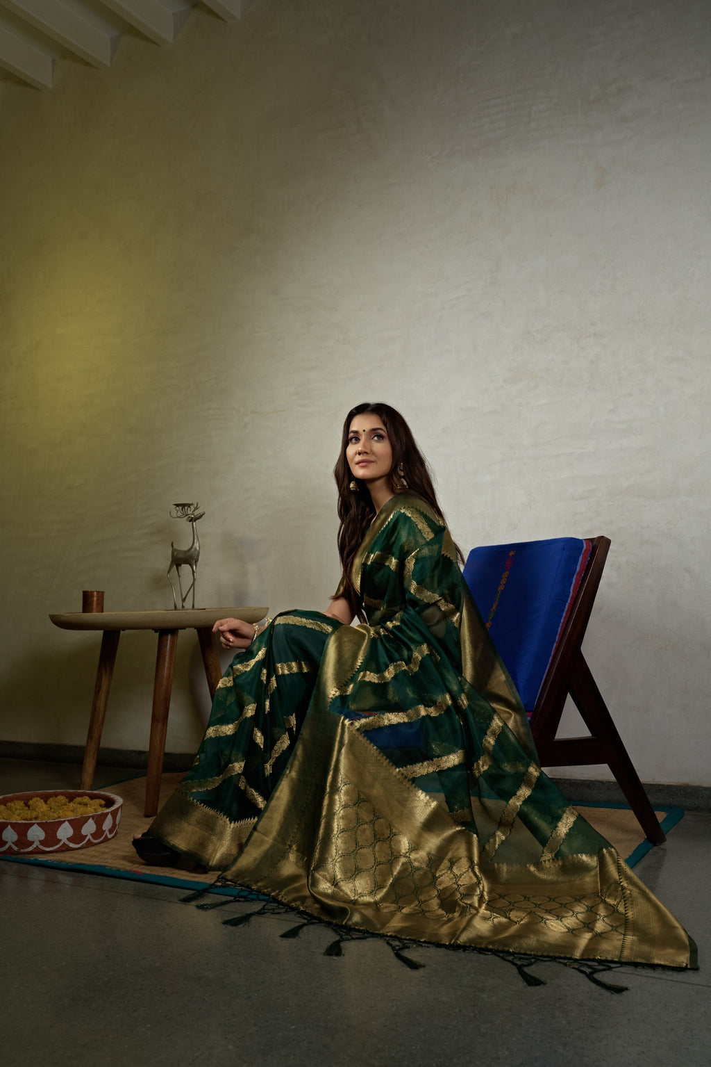 Vardha Emerald Green Golden Zari Banarasi Organza Saree