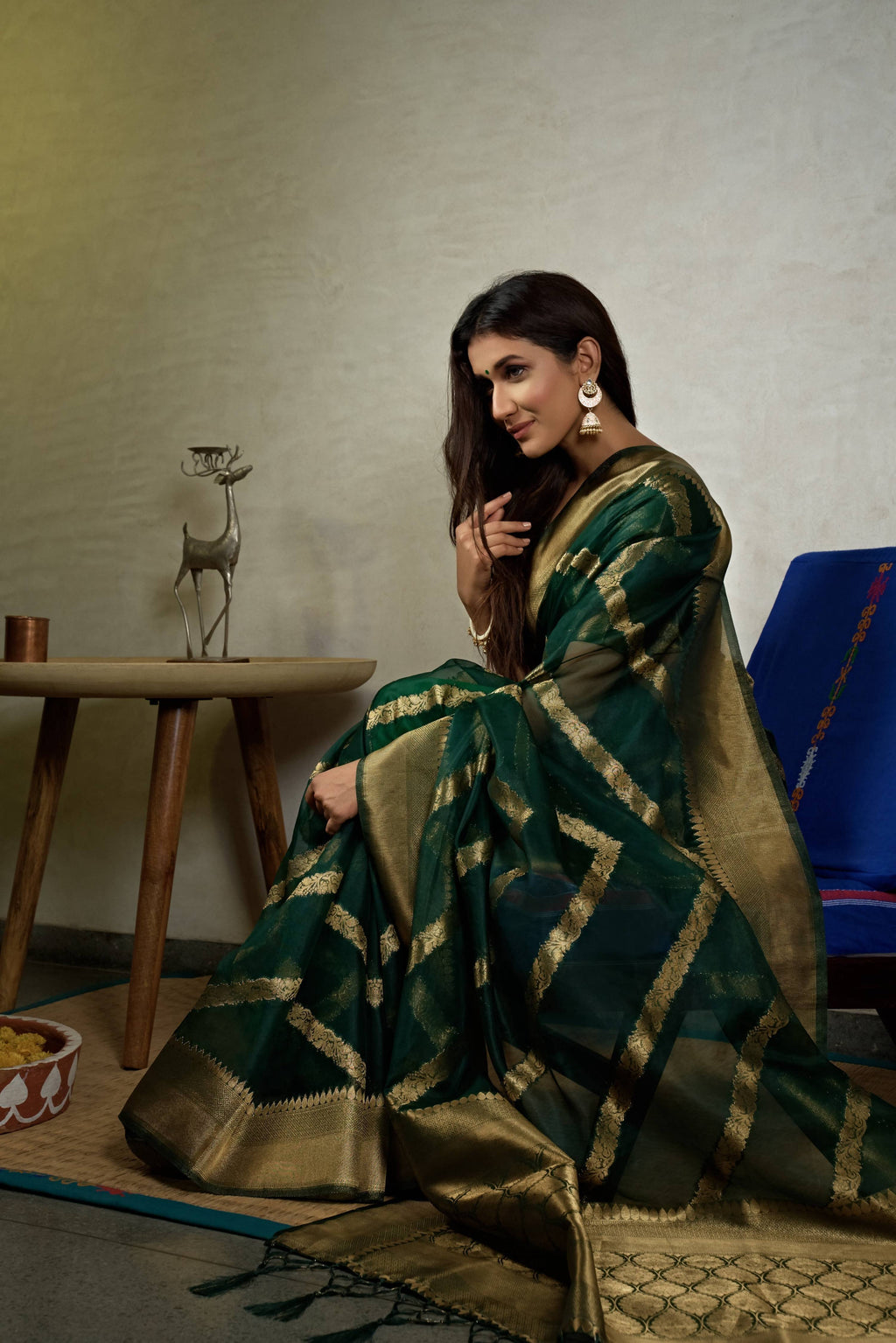 Vardha Emerald Green Golden Zari Banarasi Organza Saree