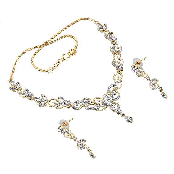 Tehzeeb Creations Gold-Polished American Diamond (AD) White Color Pendant Set for Girls & Women