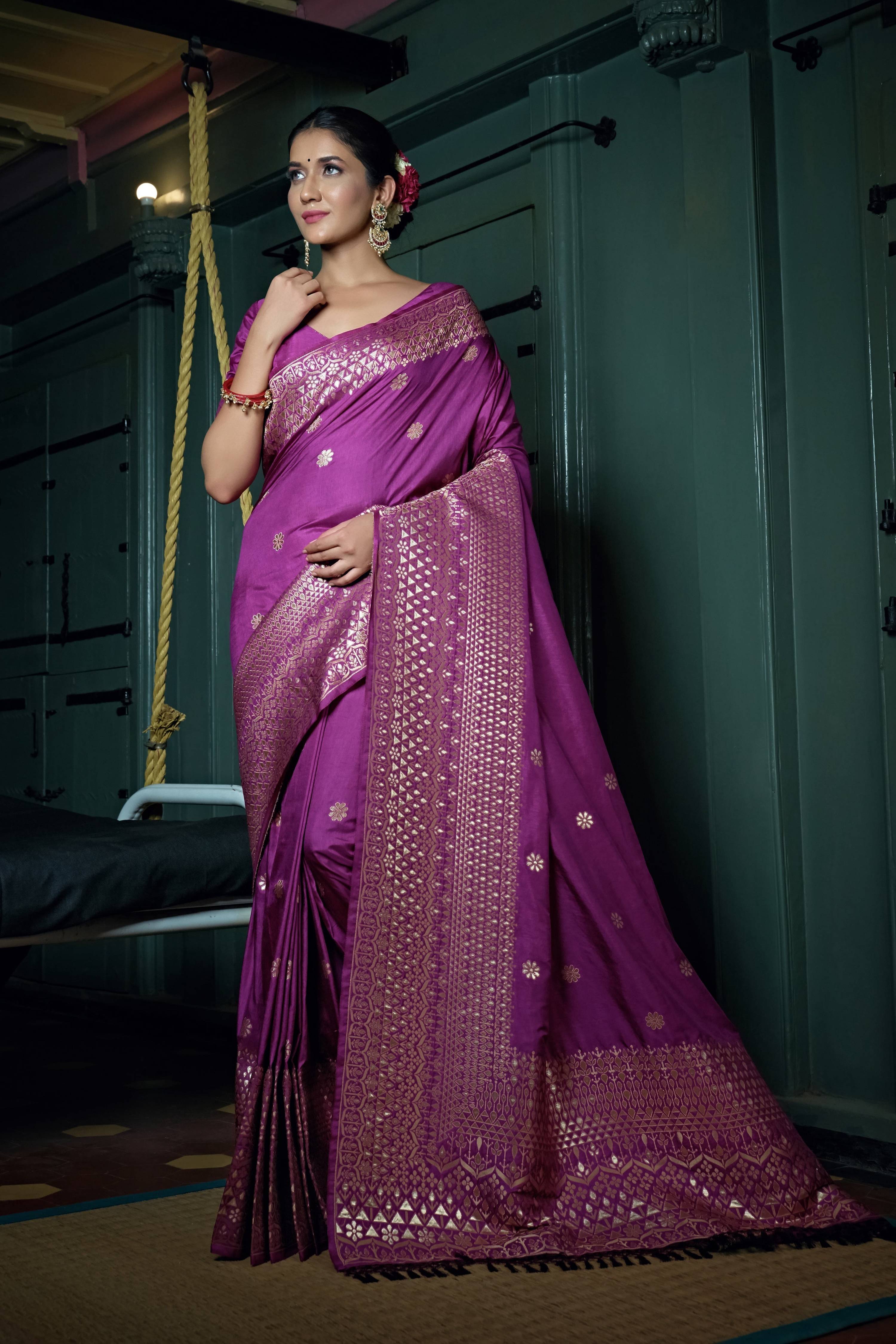 Vardha Byzantium Purple Golden Zari Banarasi Silk Saree