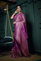Vardha Byzantium Purple Golden Zari Banarasi Silk Saree