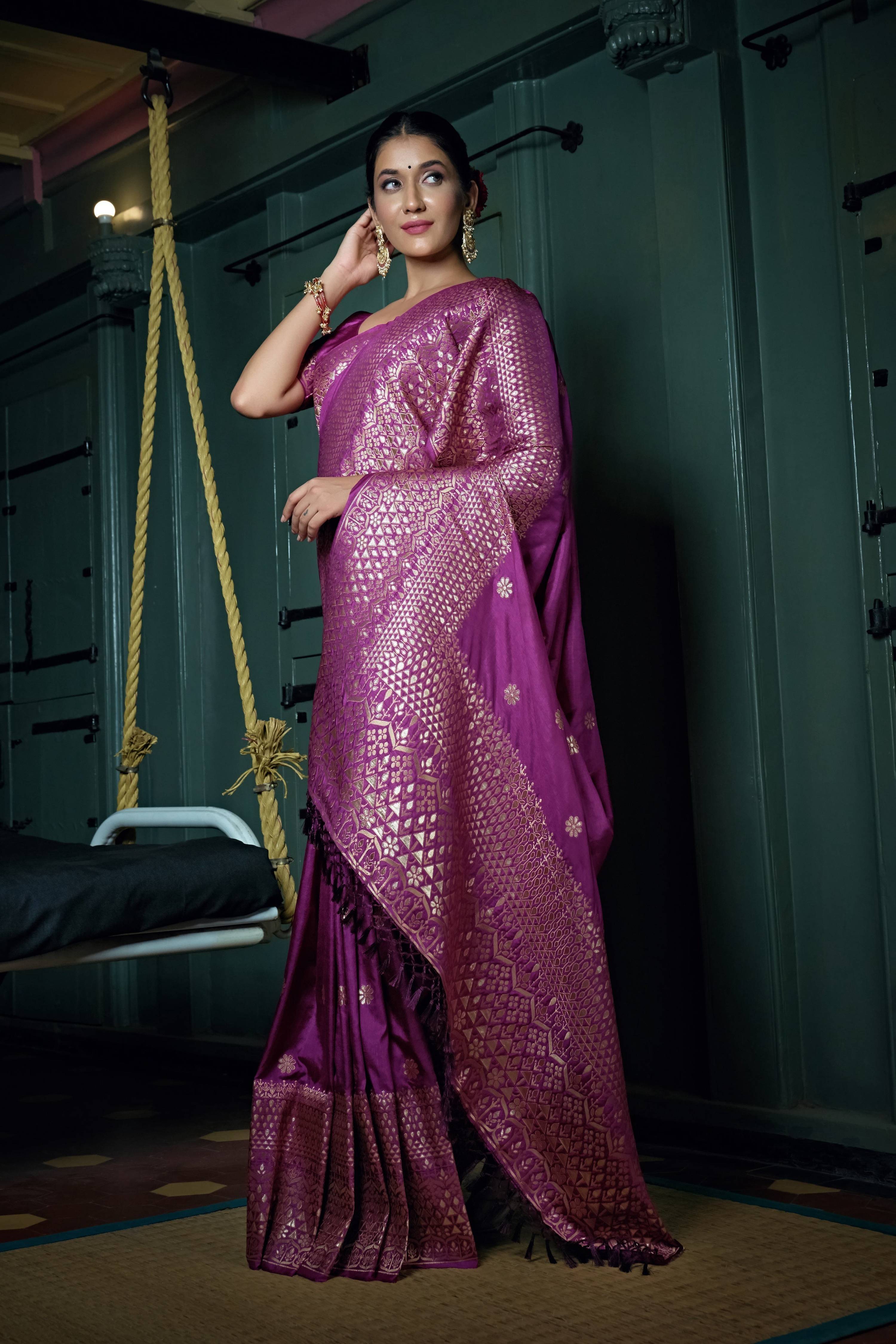 Vardha Byzantium Purple Golden Zari Banarasi Silk Saree