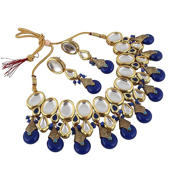 Tehzeeb Creations Back Meenakari Gold-Polished Tika Earring Jewellery Set Uncut Kundan Big Faux Kundan Dibbi Kundan Choker Necklace Set