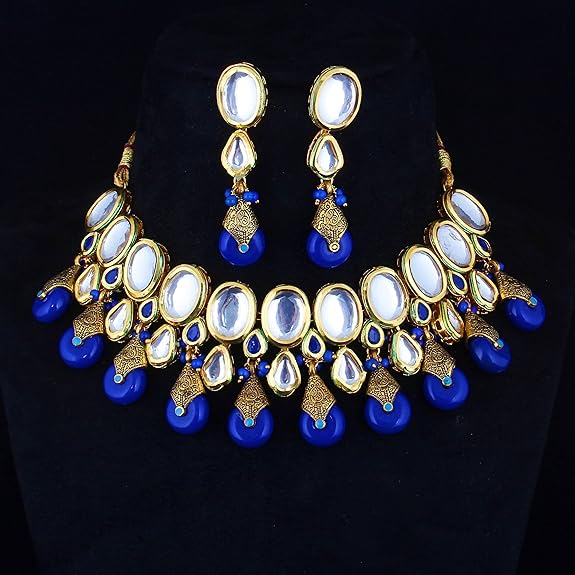 Tehzeeb Creations Back Meenakari Gold-Polished Tika Earring Jewellery Set Uncut Kundan Big Faux Kundan Dibbi Kundan Choker Necklace Set