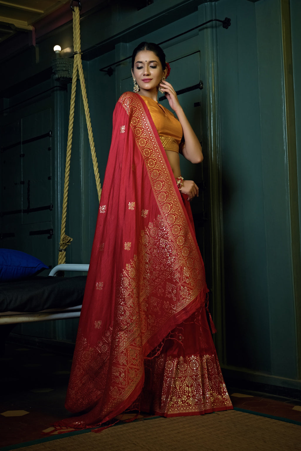 Vardha Crimson Red Golden Zari Banarasi Silk Saree