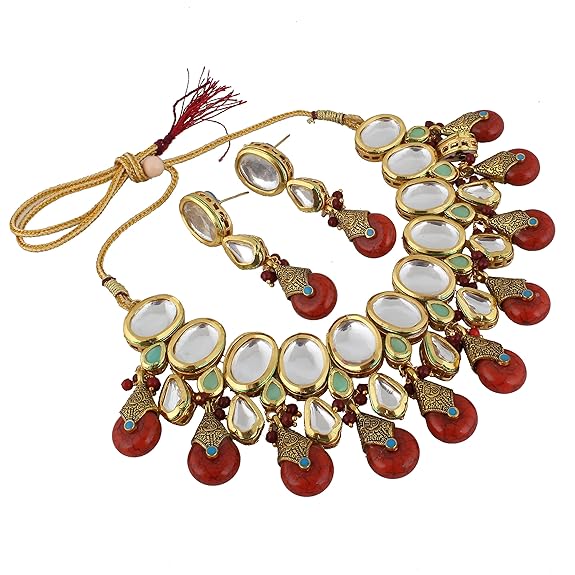 Tehzeeb Creations Back Meenakari Gold-Polished Tika Earring Jewellery Set Uncut Kundan Big Faux Kundan Dibbi Kundan Choker Necklace Set